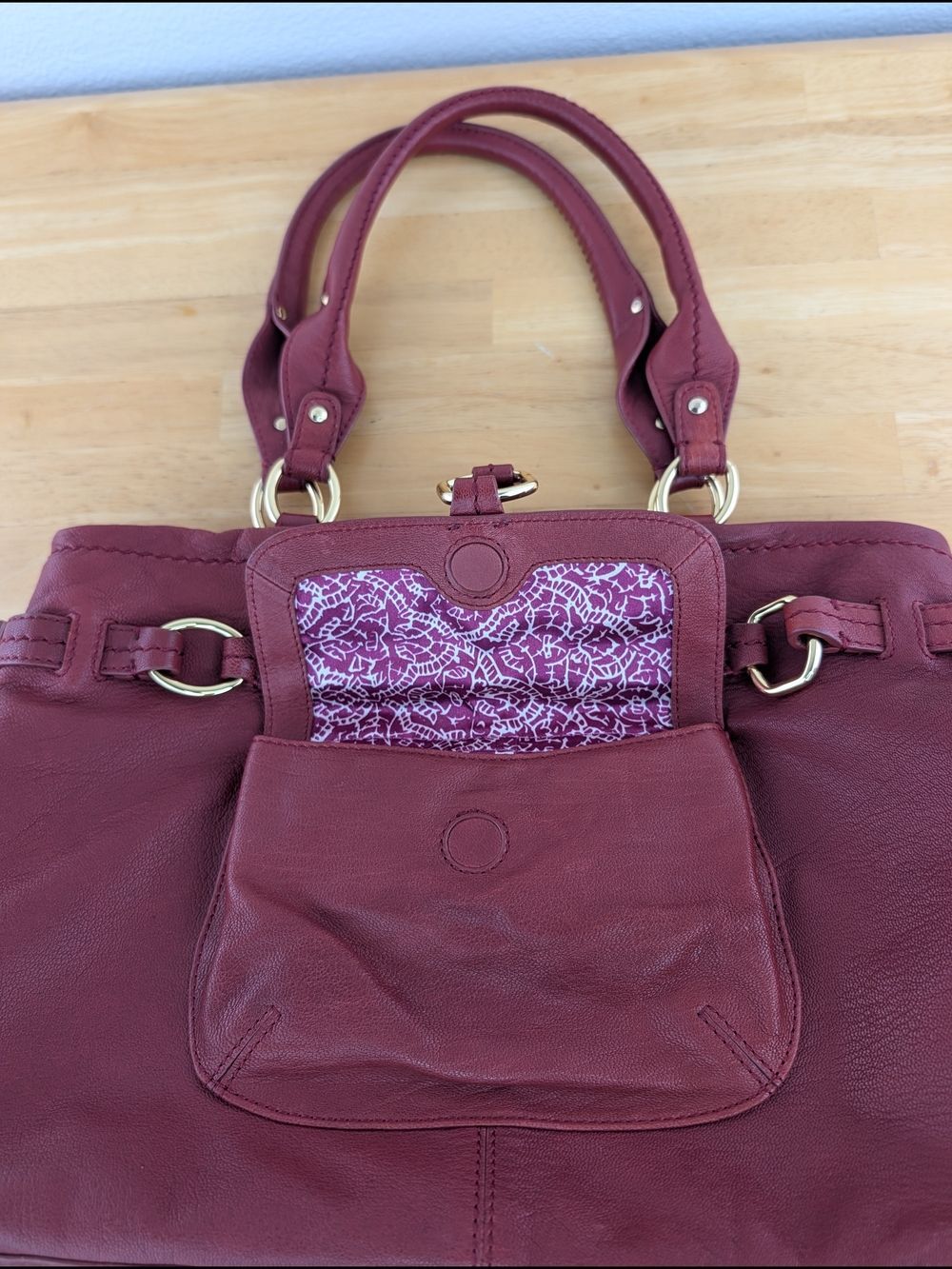 Sigrid Olsen Red Pebbled Leather Satchel Shoulder Bag Gold Stud Hardware Detail - Picture 8 of 16